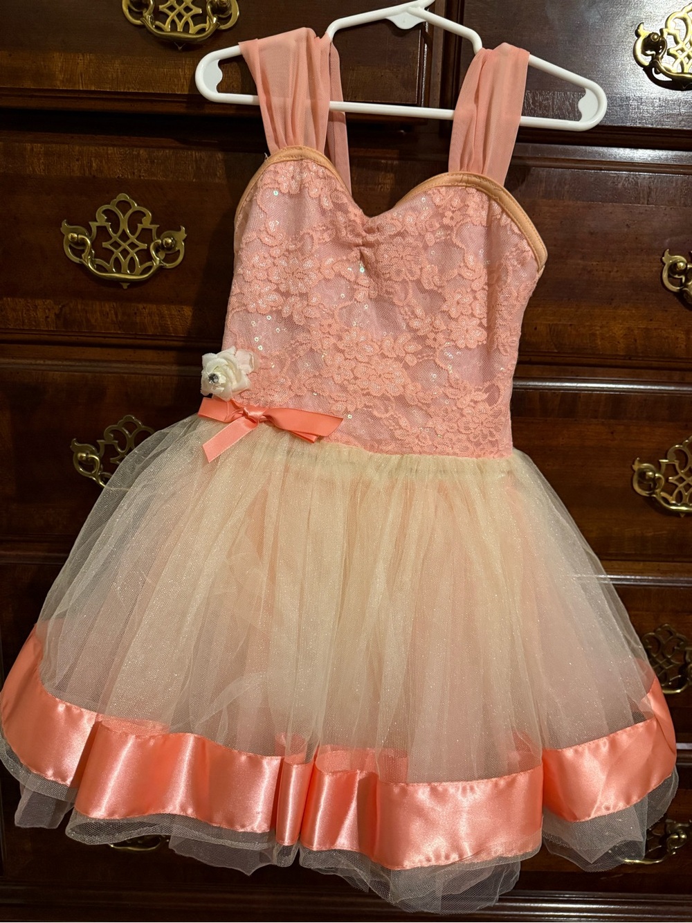 Girls Coral Pink Lace & Tulle Party Dress with Satin Trim